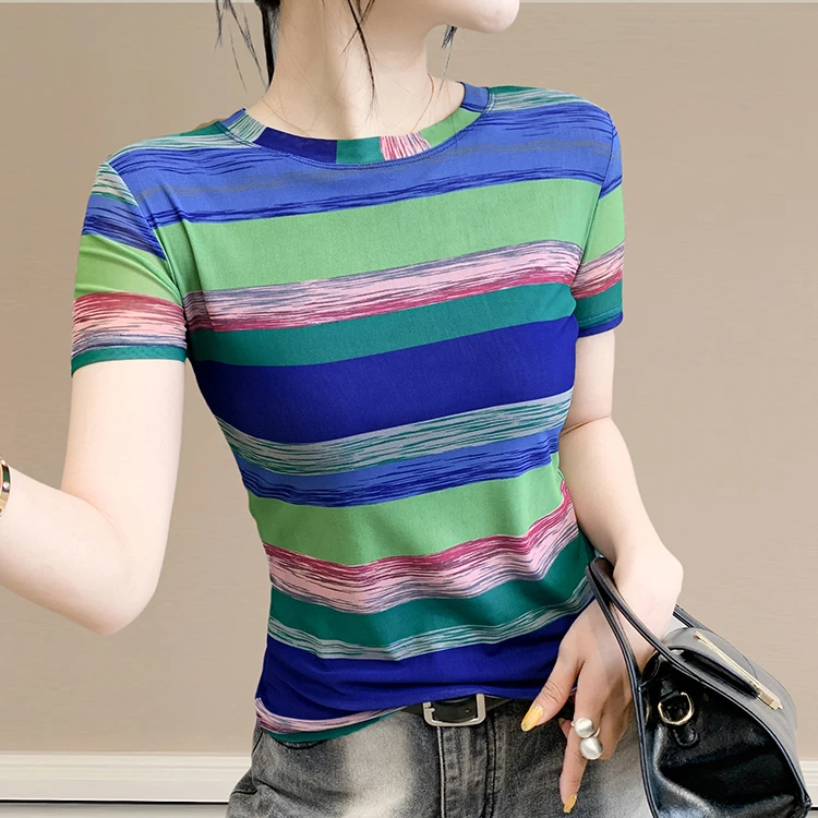 网纱条纹印花半袖打底衫女2025夏季时尚纱短袖圆领减龄显瘦小衫潮