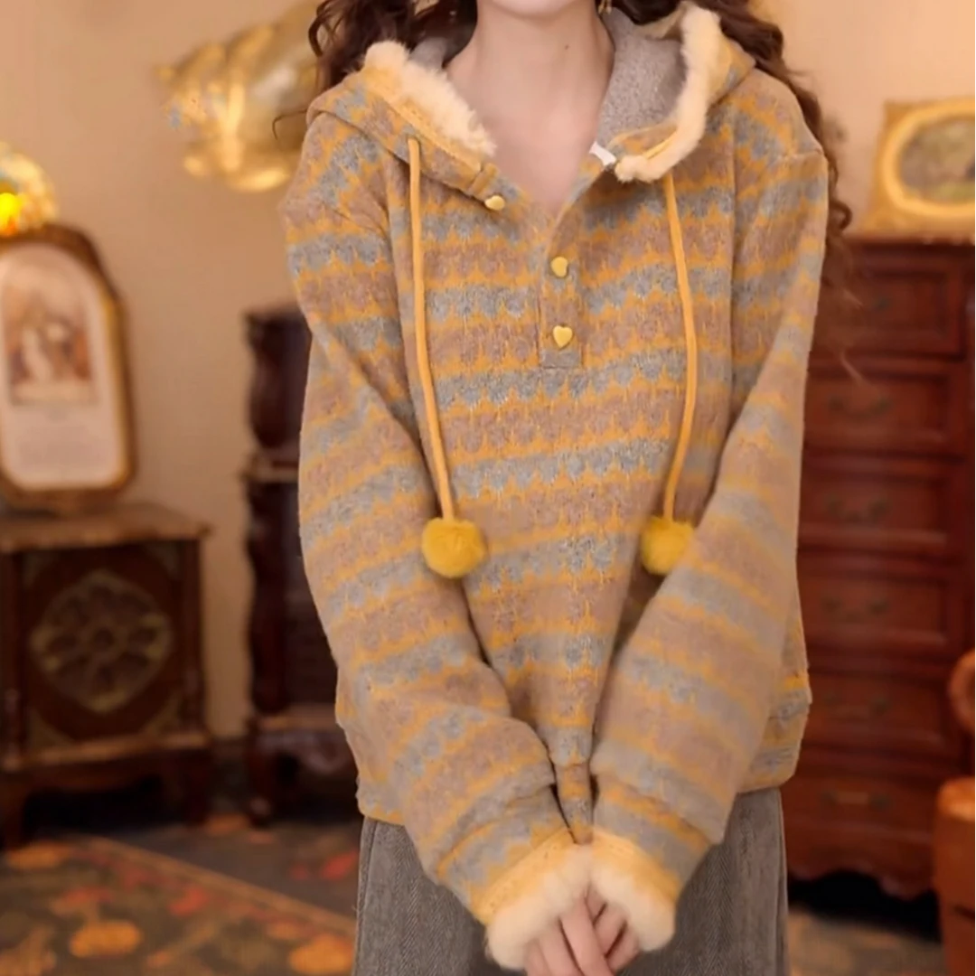 复古港风加厚保暖连帽卫衣2025秋冬新款小众设计感洋气百搭上衣女