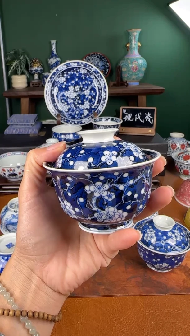 杯水造 青花冰梅盖碗