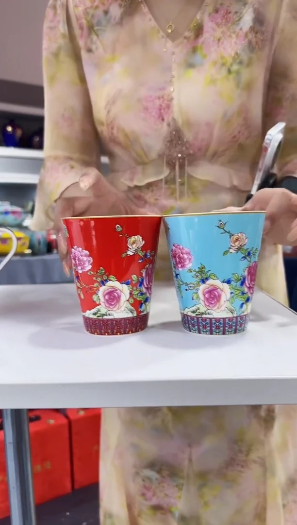 珐琅  牡丹花卉水杯2只装景德镇