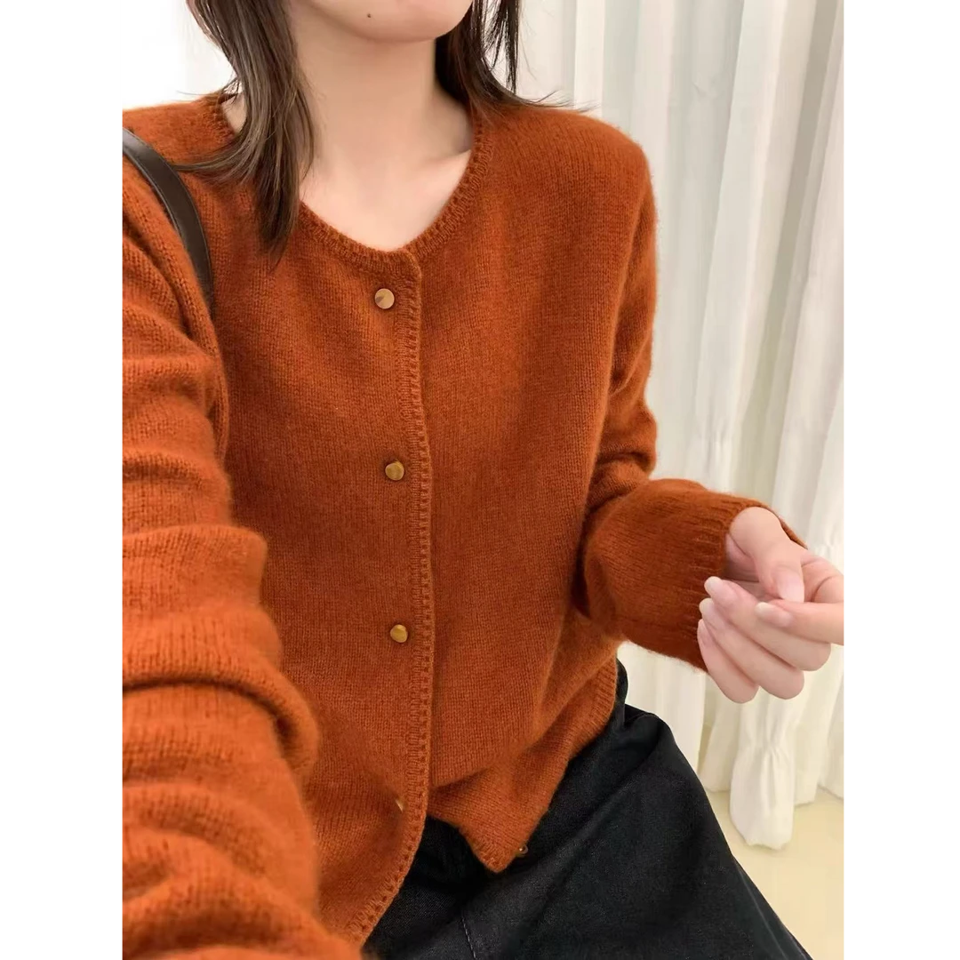 【焦糖色】欧货气质针织开衫女毛衣外套单排扣宽松上衣