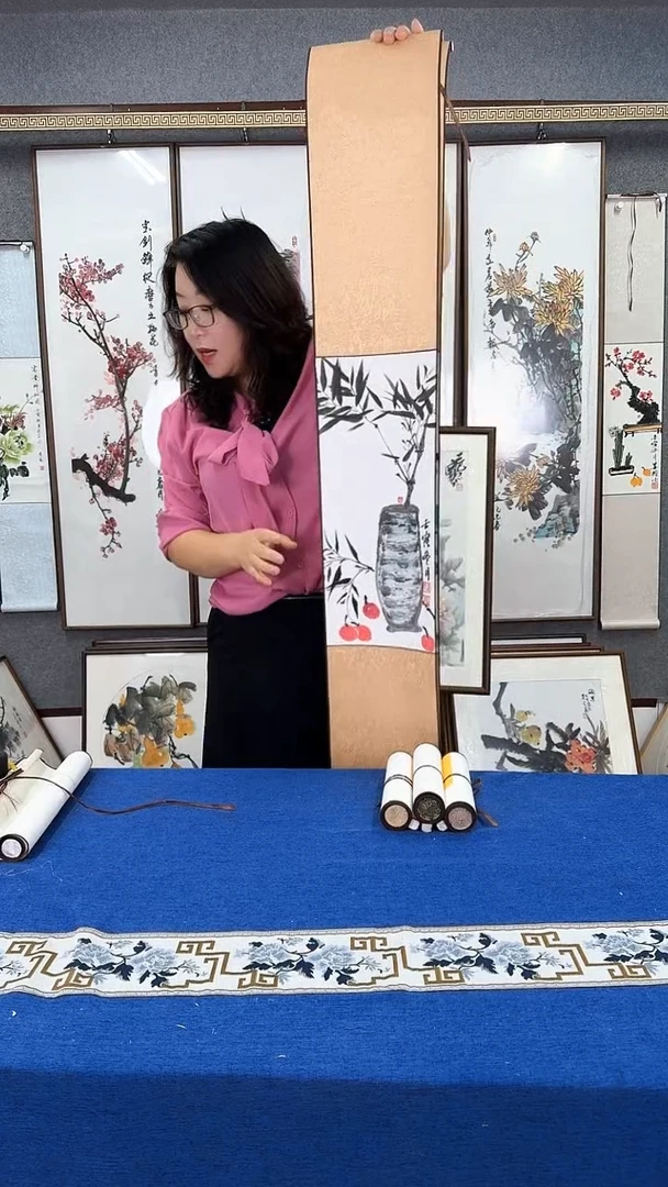 国画竹报平安图 手绘卷轴20*150