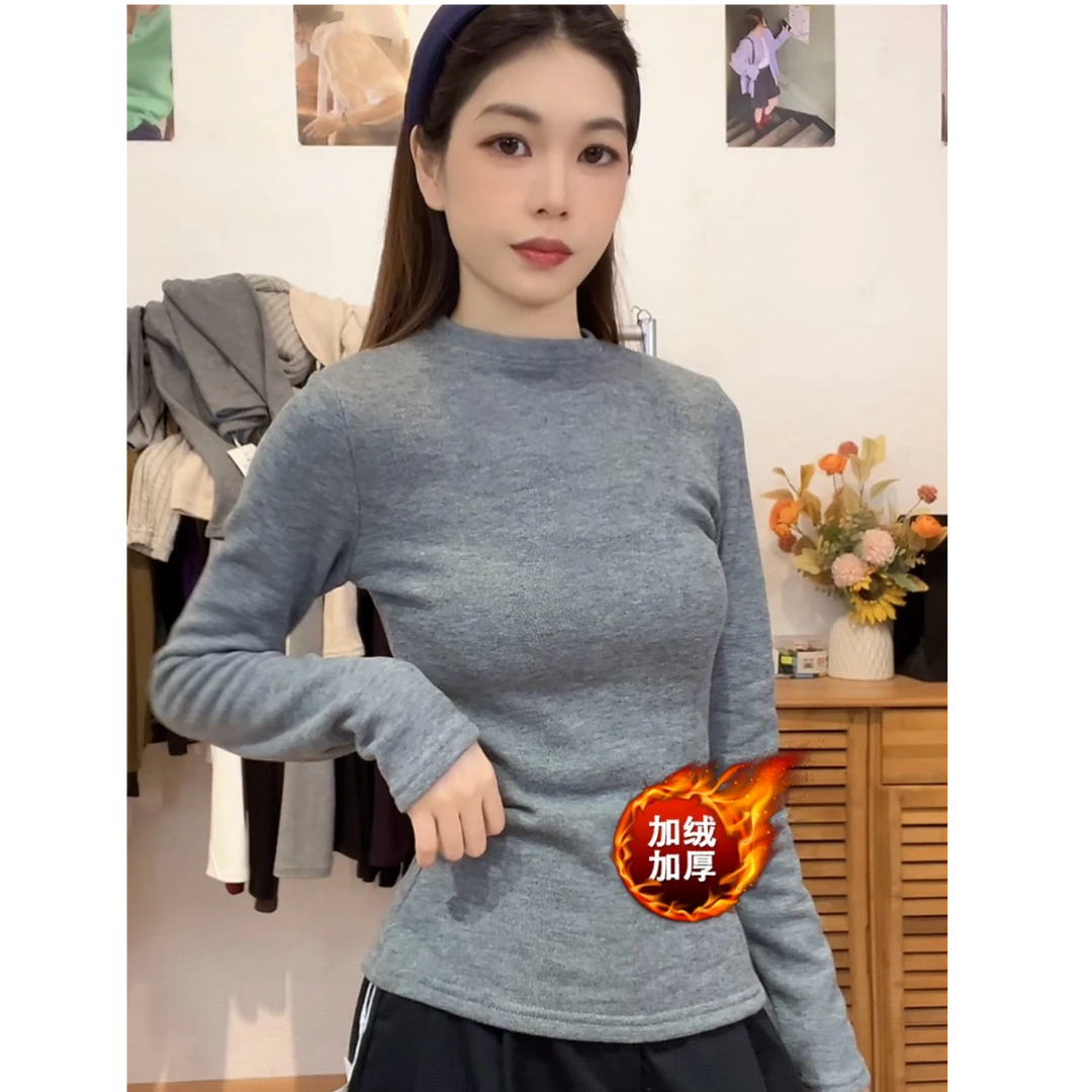 加绒加厚秋冬打底衫女正肩圆领收腰显瘦长袖T恤