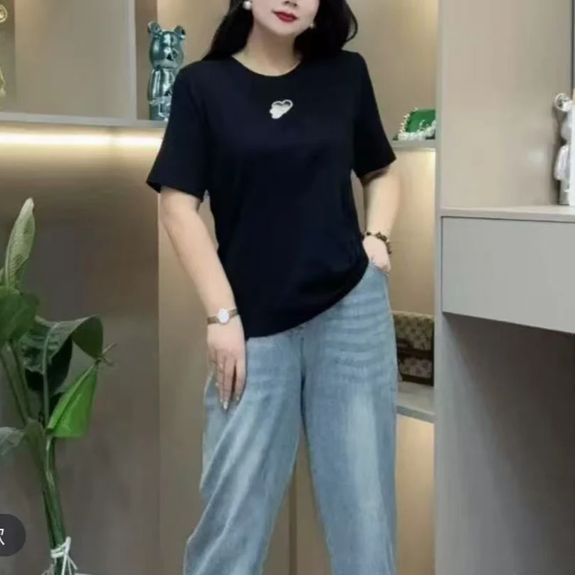 彩绘圆领几何短袖T恤夏季纯色针织洋气宽松简约-QYN68012