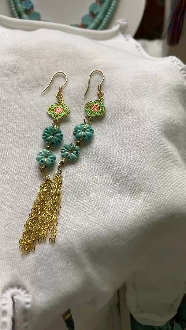 银S925镀金镶嵌绿松石珠宝奇石流苏耳饰