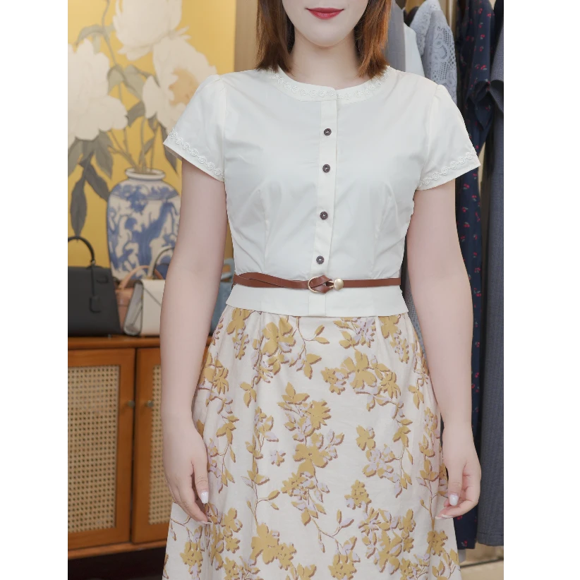 花边圆领拼接橘花连衣裙2025夏季新款优雅知性收腰A字裙