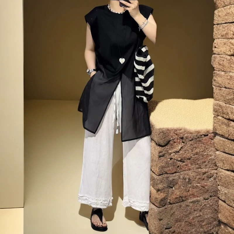 欧货夏季新款 气质圆领宽松显瘦休闲拼接网纱开叉短袖T恤女上衣女