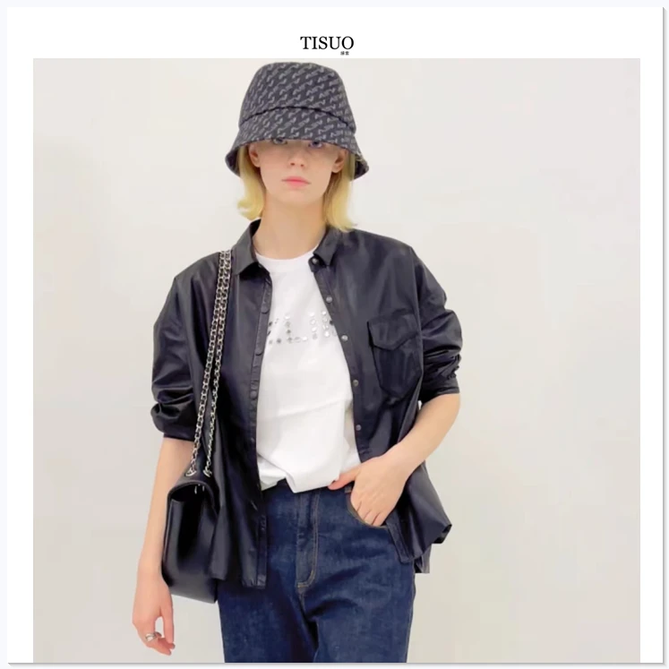 TISUO/绨索设计师款帅气廓形羊皮衬衫上衣 TS209029