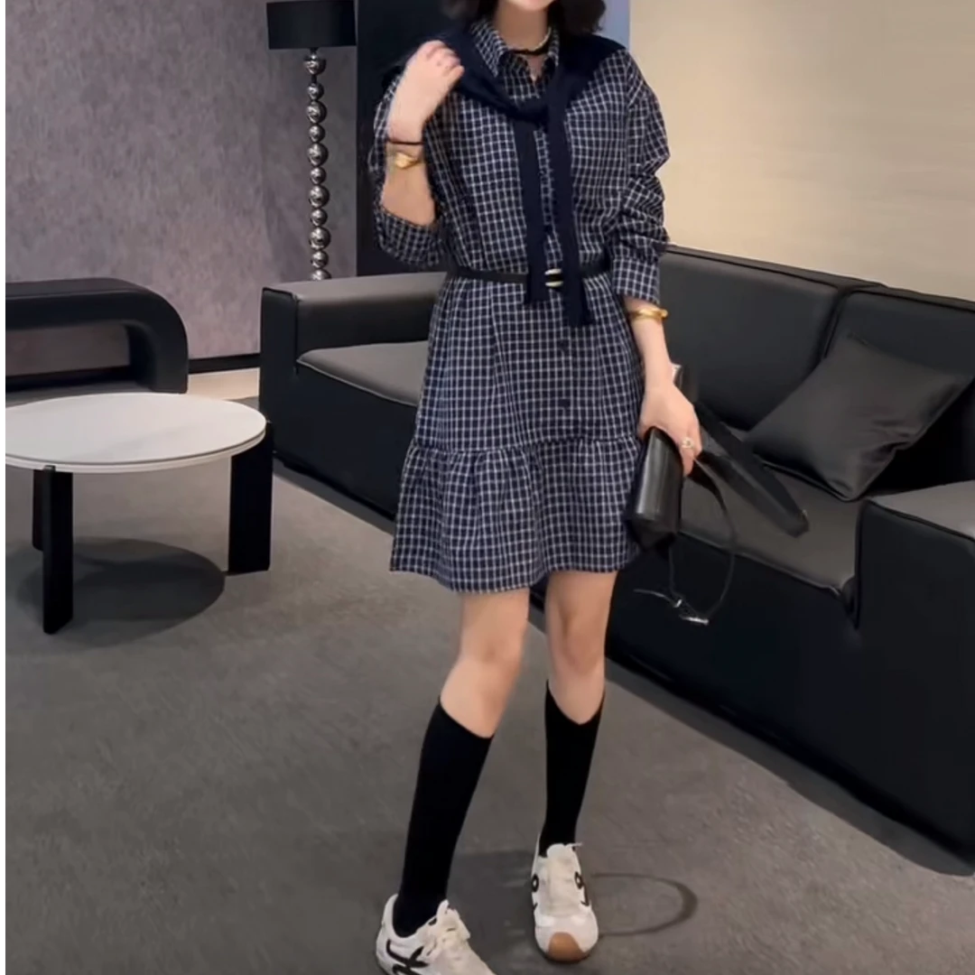 格子衬衫裙披肩真两件女 大码显瘦气质时尚格纹百搭