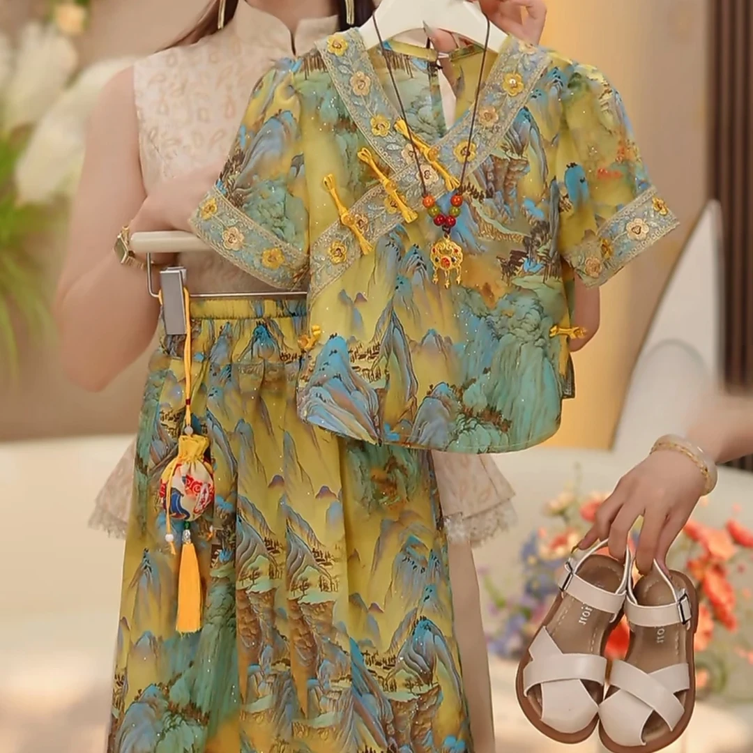 (拍套装送项链送荷包)01女童新款国风宝宝透气凉快两件套夏季套装