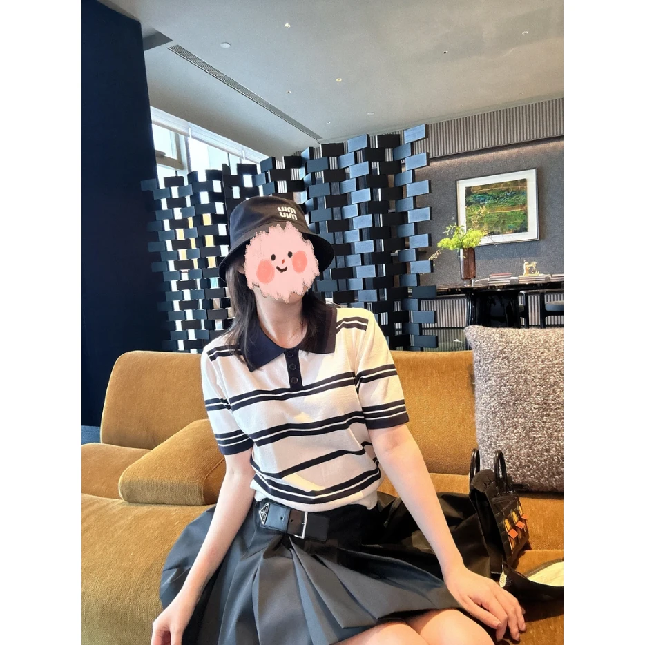2025夏季韩版时尚通勤休闲风Polo领条纹短袖T恤设计感显瘦上衣女