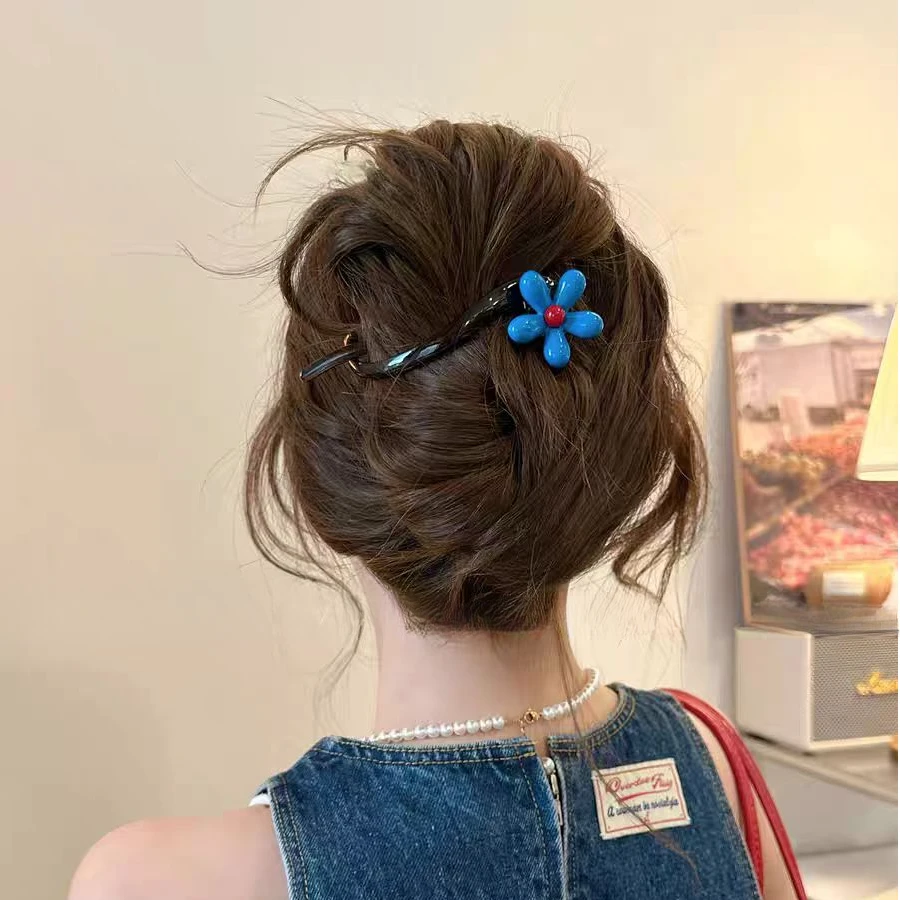 气质蓝色花朵扭扭夹一字抓夹女高级感2025新后脑勺盘发夹头饰发卡