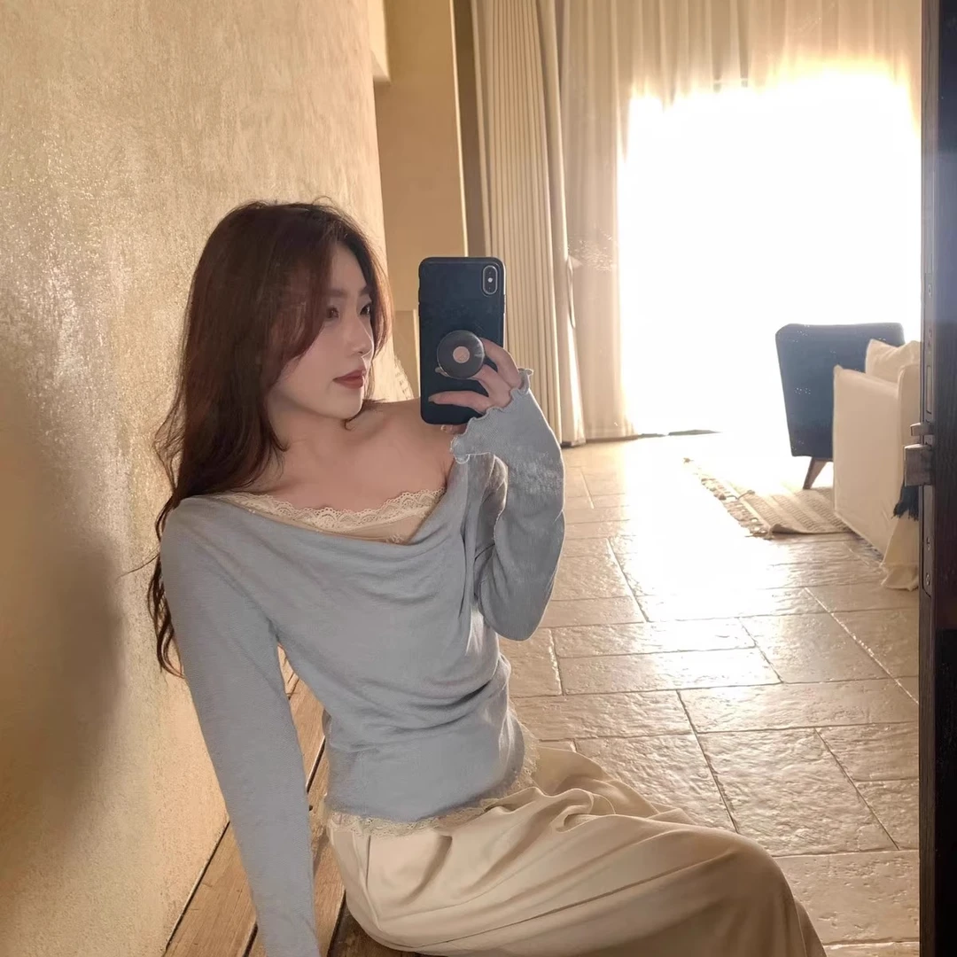 蕾丝拼接假两件荡领长袖T恤女2026新款韩版修身内搭打底衫潮I1-26