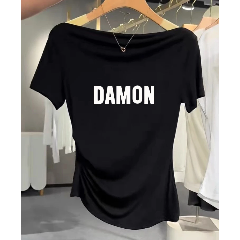 短袖纯欲设计感斜肩上衣黑色一字肩T恤女夏新款锁骨修身收腰露肩
