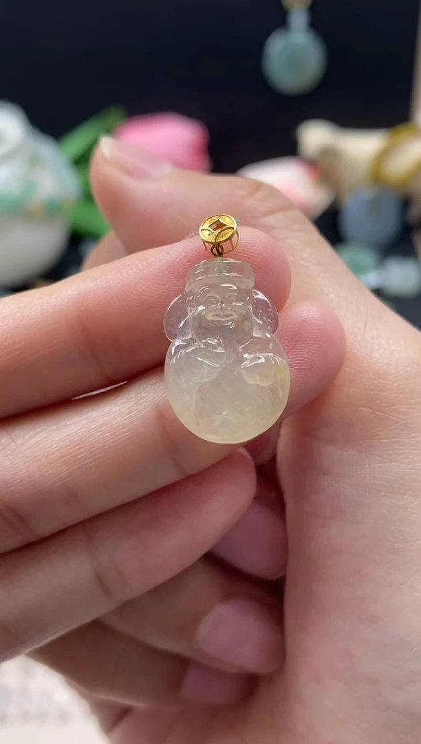 【闪购商品】翡翠颈饰18K金镶嵌翡翠冰黄财神吊坠