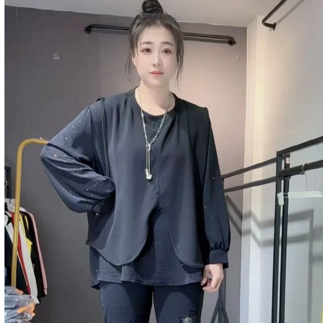 6989-韩版设计感简约大码时尚加长盖臀漫天星细闪衬衫+马甲两件套