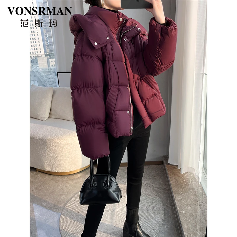 紫红色连帽加厚羽绒服女2025冬季新款小个子保暖短款白鸭绒面包服