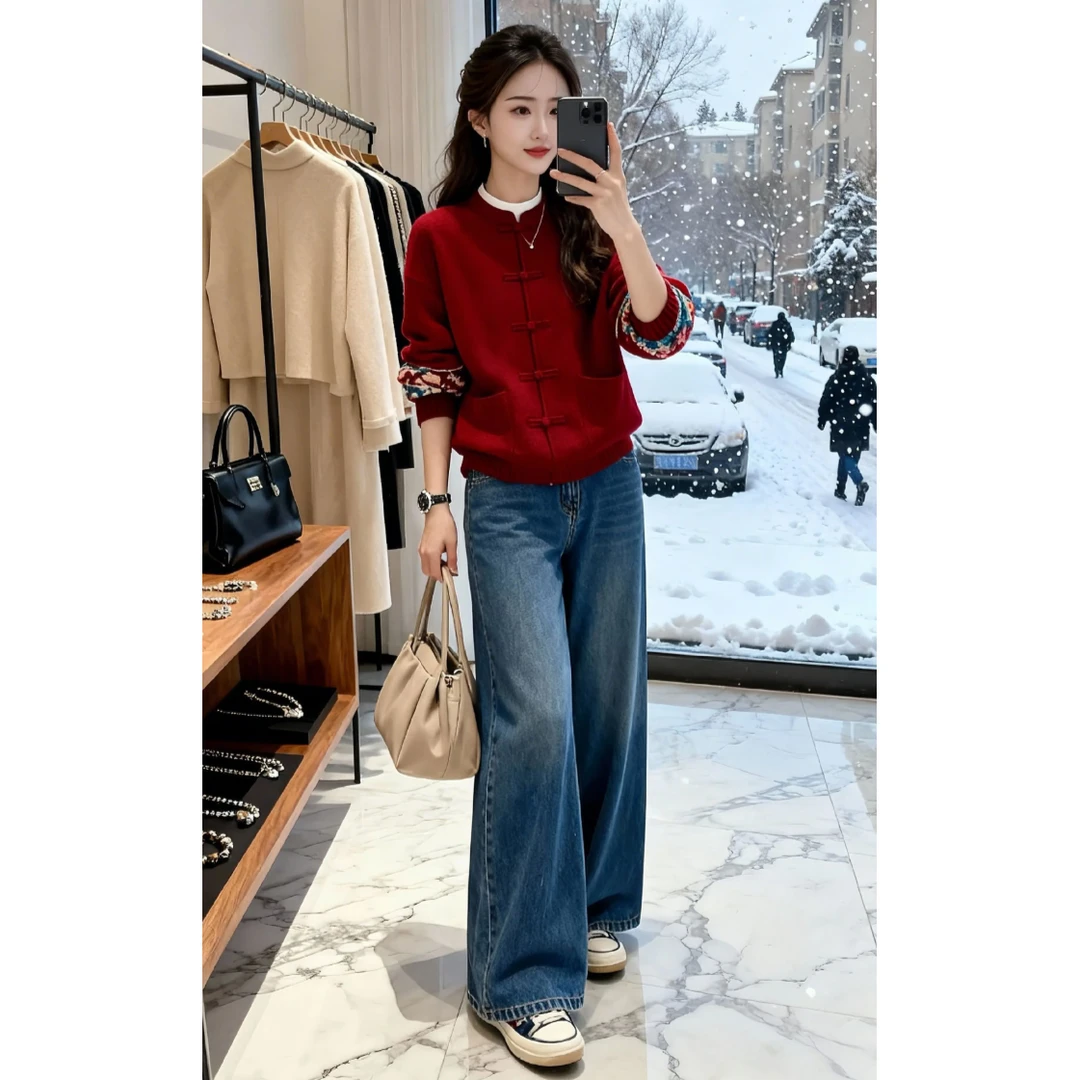 新中式国风红色本命年针织衫女春秋季2025新款新年战袍慵懒风毛衣