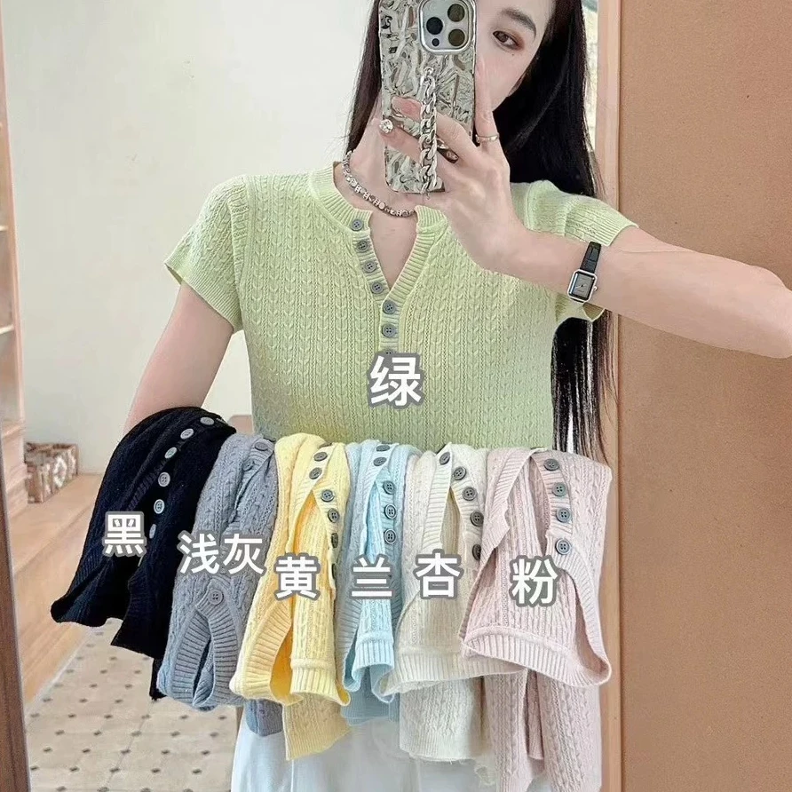 短袖v领无袖甜美三分袖针织衫夏季宽松毛针织衫常规洋气时尚