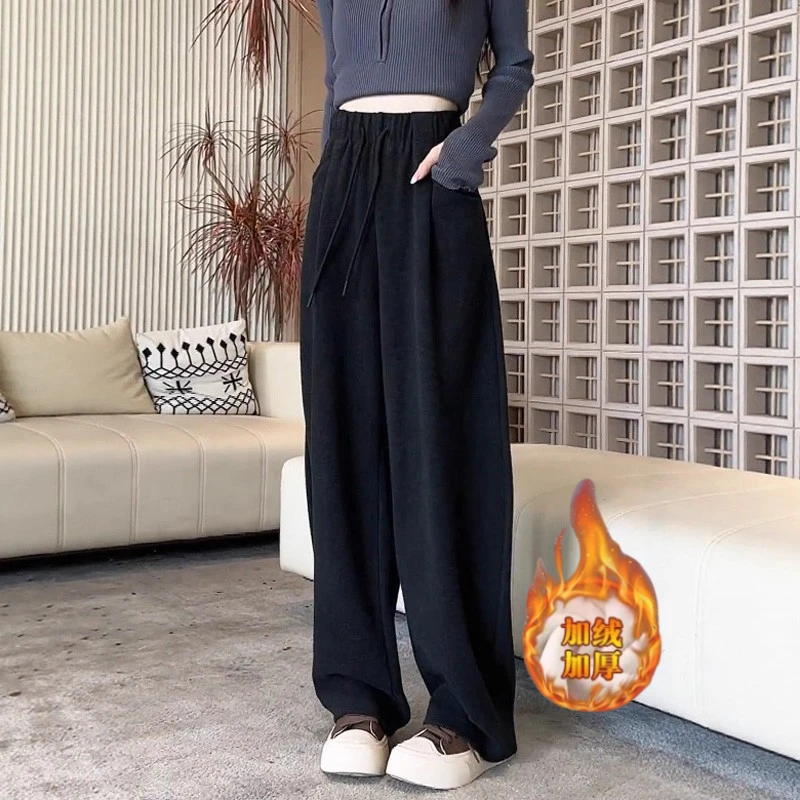 韩系慵懒风高腰休闲裤女秋冬新款宽松垂感显瘦弯刀裤加绒休闲女裤