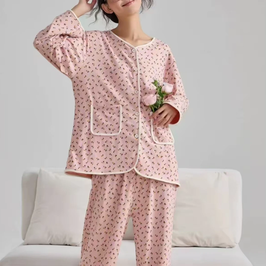 23057舒适印花家居服宽松格子大版型翻领圆领秋季睡衣套装