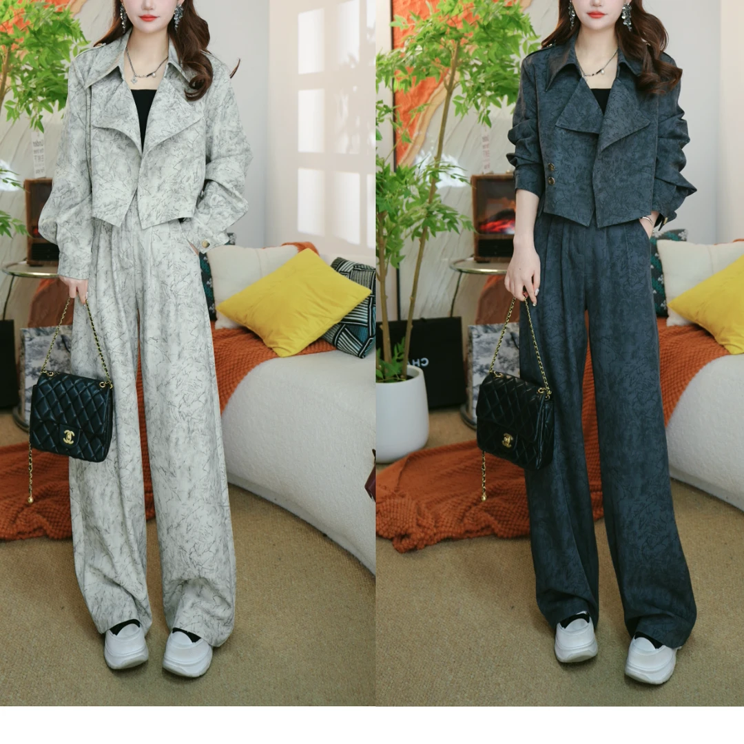 2025年早春新款扎染风衣短款外套上衣+高腰直筒阔腿裤两件套套装