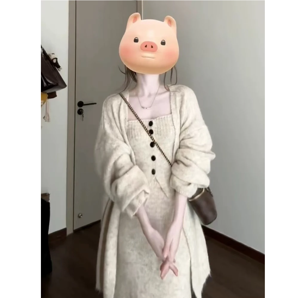 SWEET困困喵 时髦气质设计感辣妹显瘦抹胸半身裙毛衣开衫外套套装