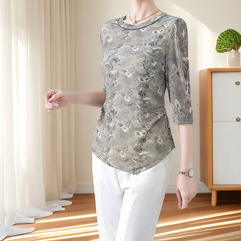 3751-印花七分袖常规型圆领T恤修身中袖洋气春夏宽松打底