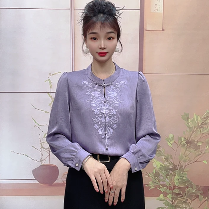 2025秋季新款国风刺绣盘扣长袖女衬衫宽松显瘦上衣洋气百搭女衬衣