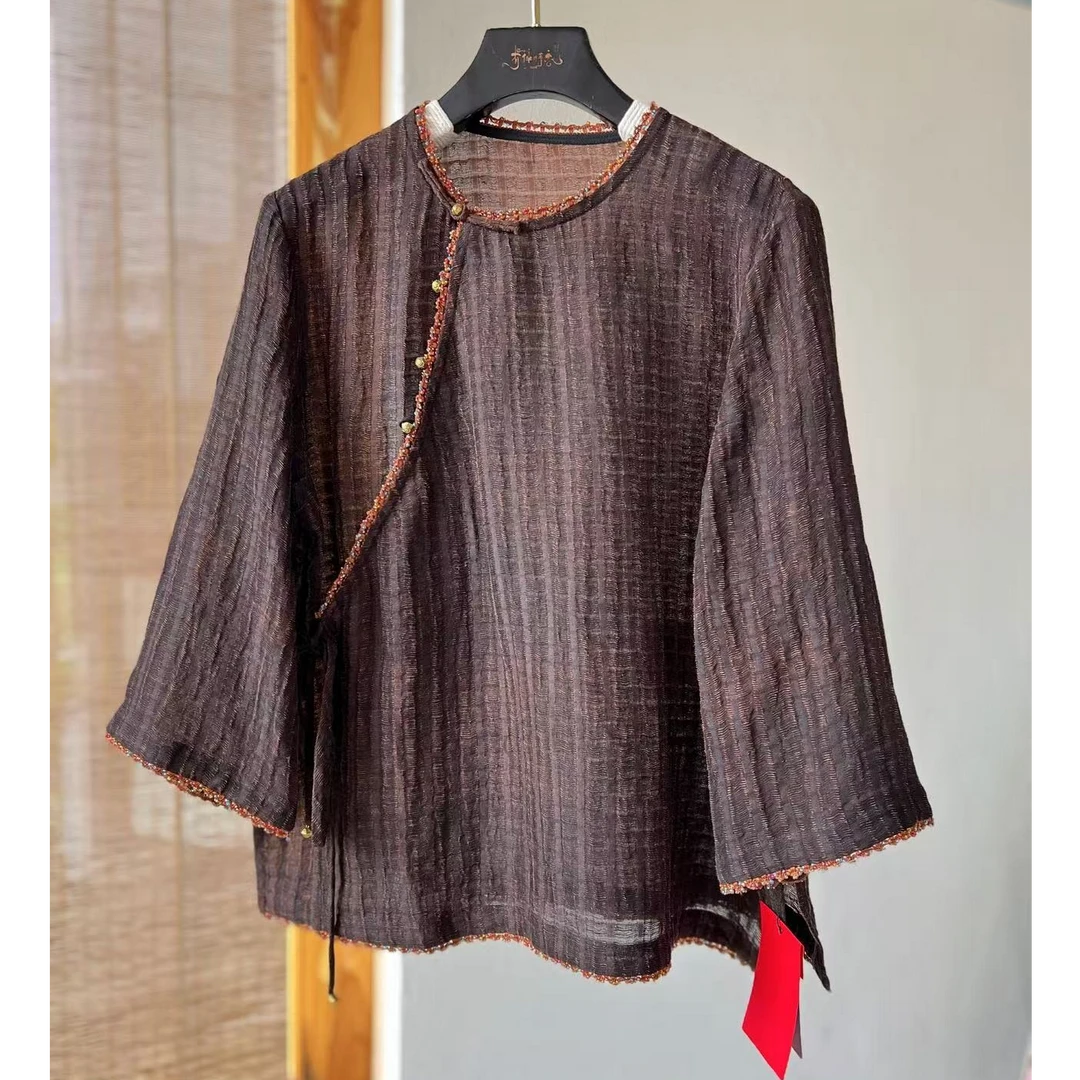 镇店之宝系列比四经罗莨纱还凉快的小众特殊织法丝麻香云纱上衣