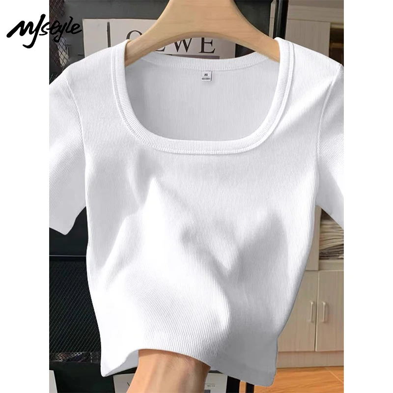 MJSTYLE美式辣妹方领正肩短袖t恤女夏季修身大码胖mm遮肚显瘦上衣