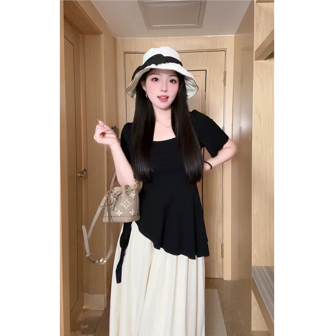 大码微胖mm新款气质百搭辣妹风短袖t恤夏季收腰显瘦小众上衣女