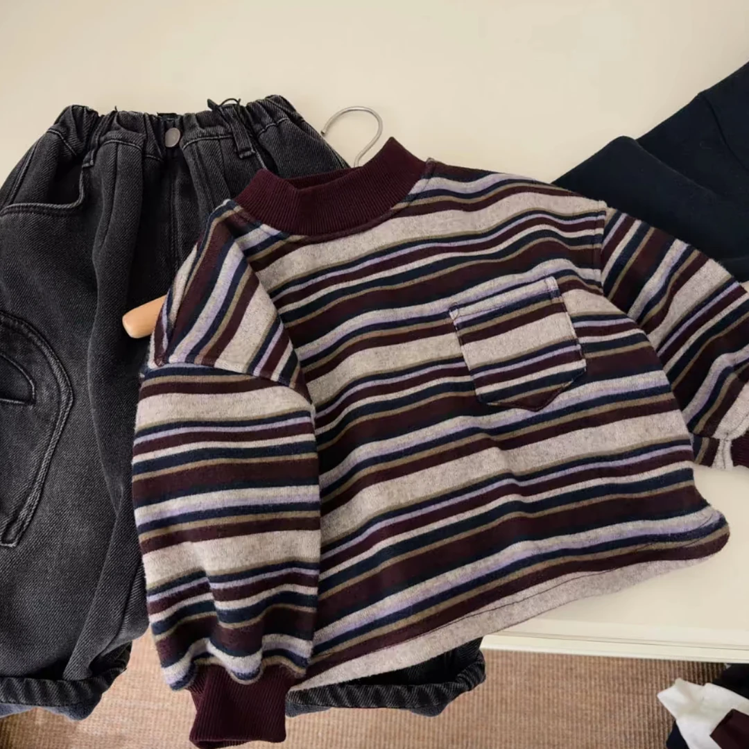 男童加绒条纹卫衣加厚保暖2025秋冬新款韩系中小童儿童口袋上衣潮