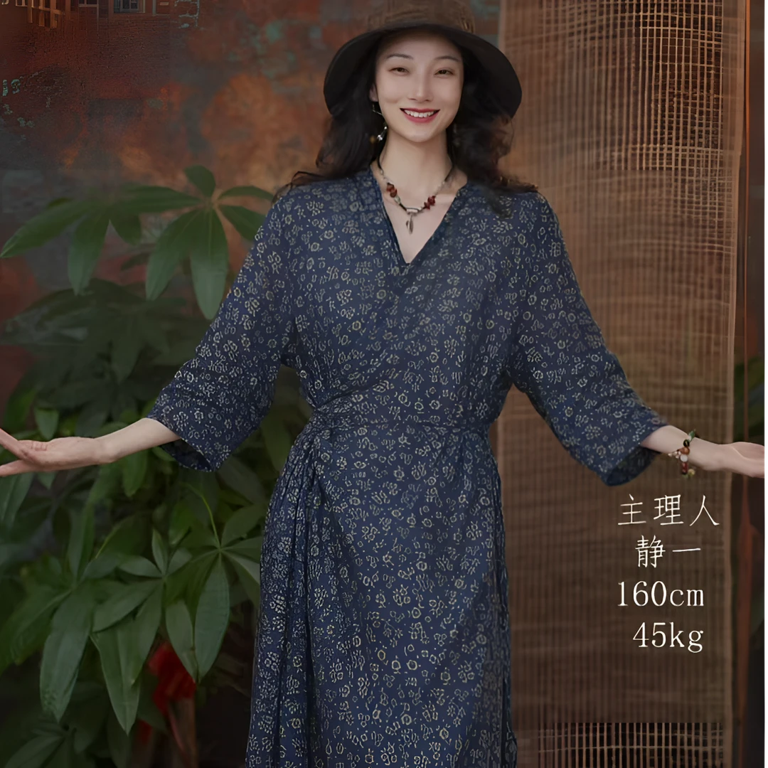 静一棉麻【花想容】#250435 色织亚麻系带连衣裙