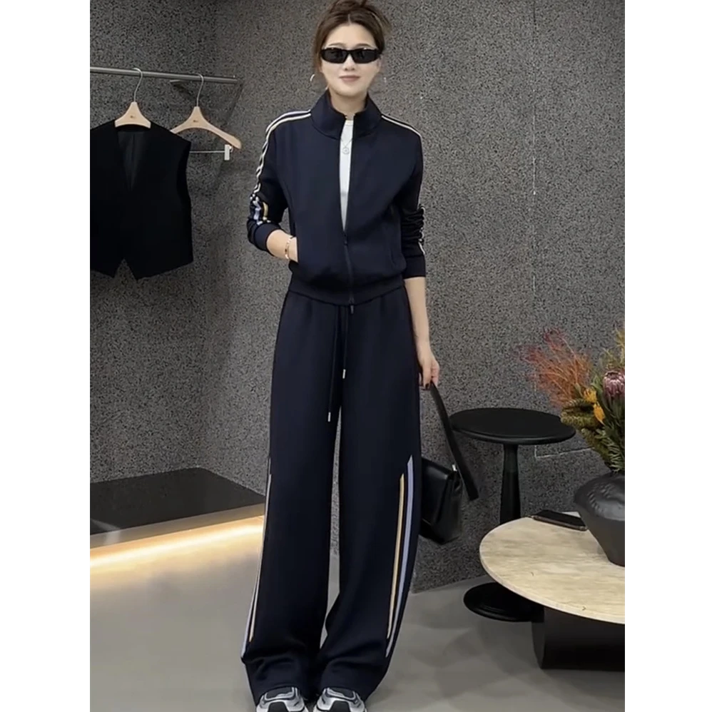 2025年秋季网红新款时尚百搭休闲运动风韩系条纹外套+裤子套装女