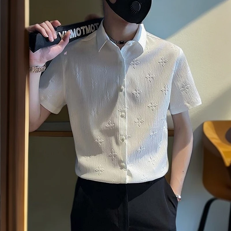 冰丝短袖衬衫男士男款男生夏季高级薄款亚麻修身衬衣痞帅休闲上衣