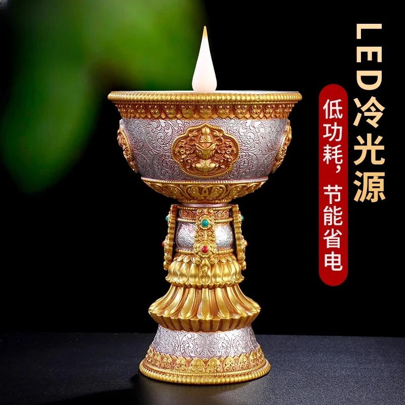 藏式家用酥油灯八吉祥雕花LED电子酥油灯座插电家用装饰蜡烛灯座