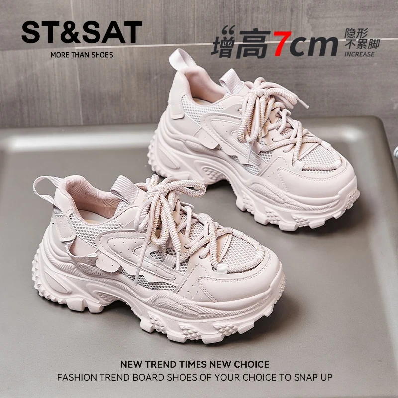星期六新款女士时尚透气适用小个子搭配休闲轻便厚底松糕透气网面