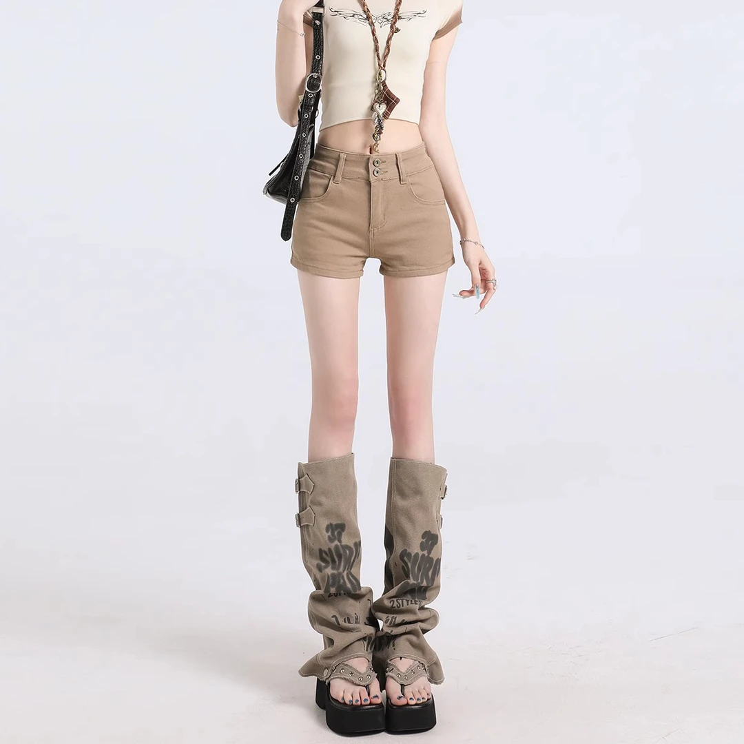 拉夏贝尔卡其色牛仔短裤女秋季时尚低腰显瘦辣妹包臀外穿美式热裤