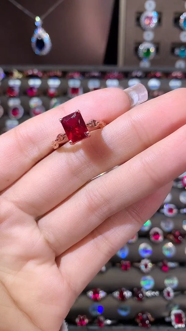 银S925镶嵌戒指红宝石79酒红玫瑰金