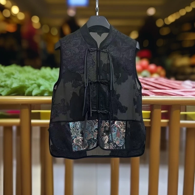 中式国风盘扣提花马甲2025新款刺绣拼接显瘦洋气马夹外套背心女
