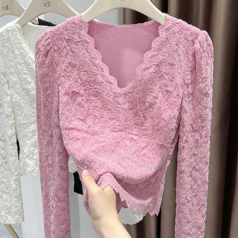2025秋冬爆款设计感蕾丝打底衫气质大V领套头长袖上衣女粉色小衫