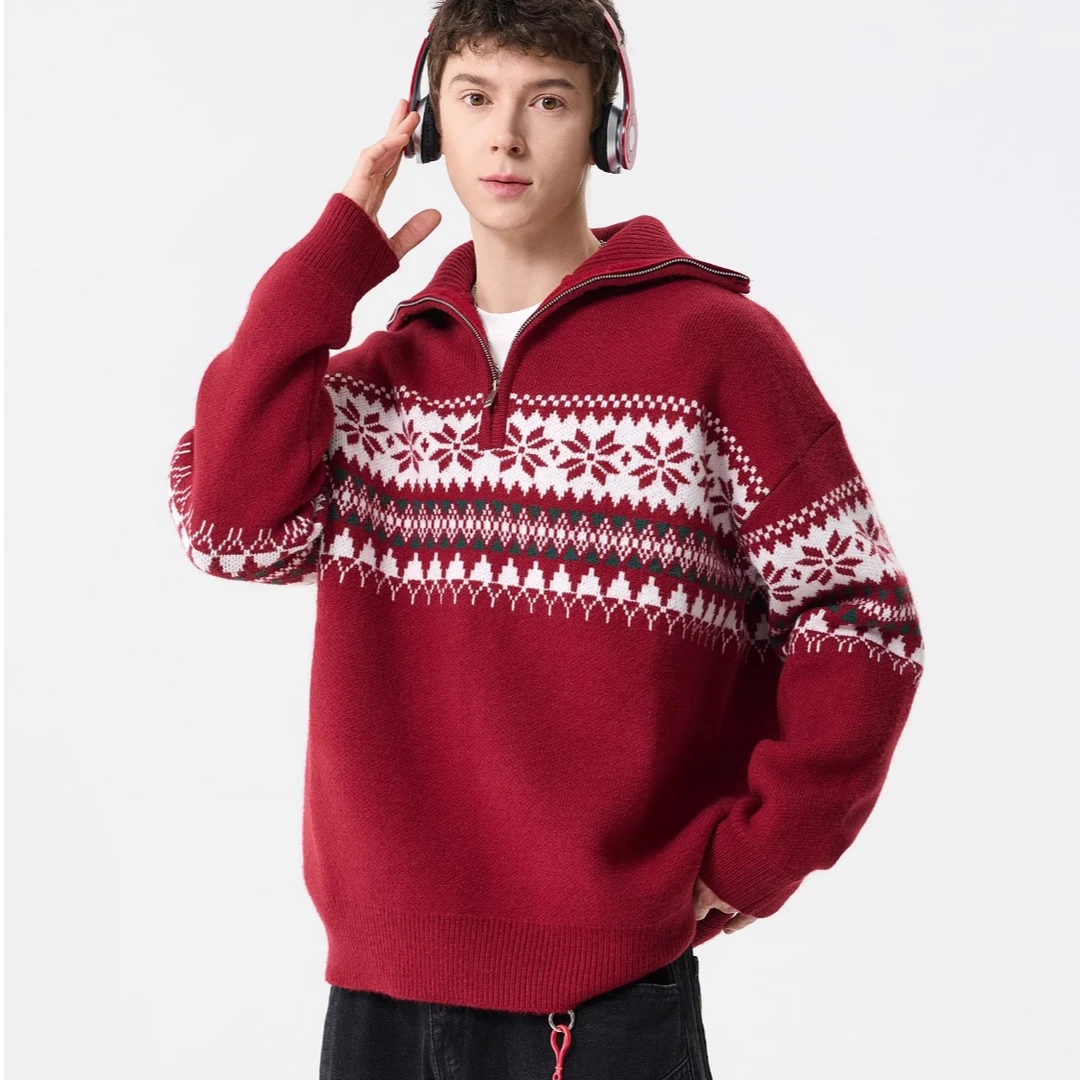 美式复古费尔岛提花针织衫男女半拉链高领毛衣慵懒感宽松潮流外套