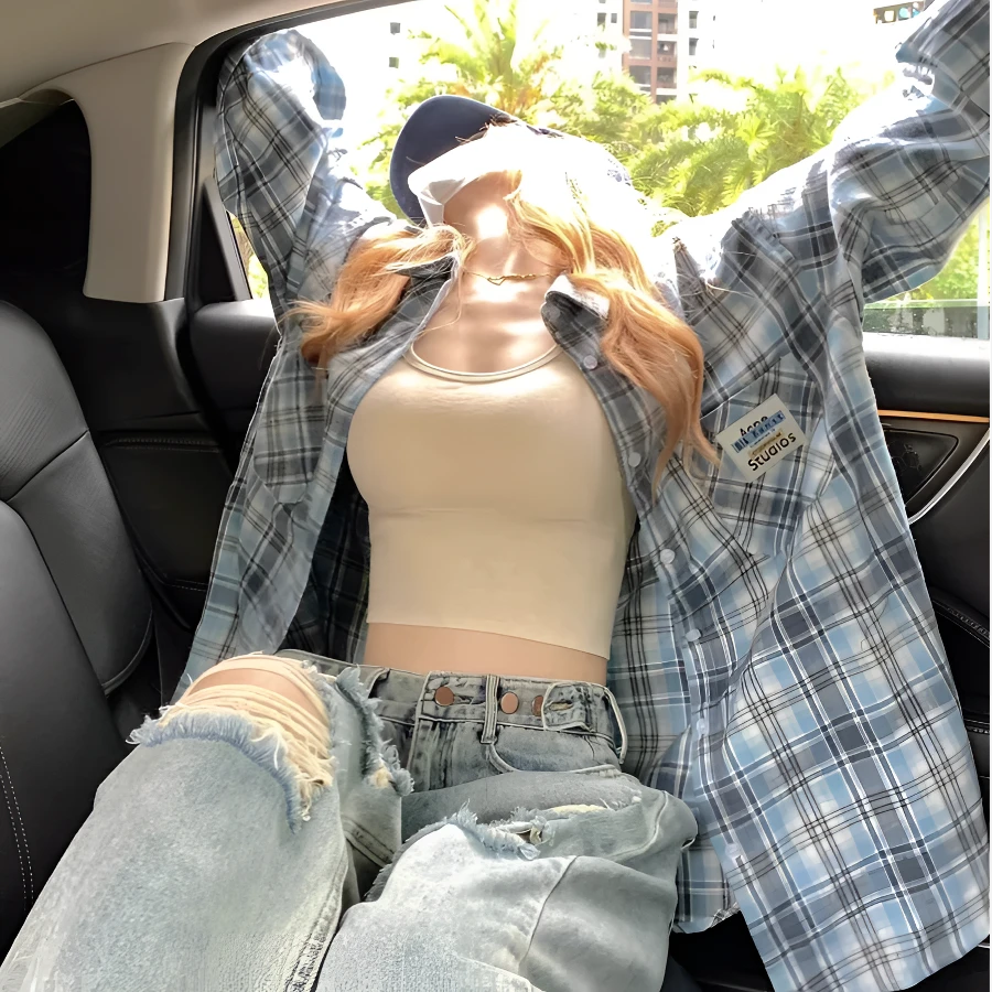 chic格子衬衫外套女春秋宽松慵懒风休闲百搭上衣格子衬衫女款