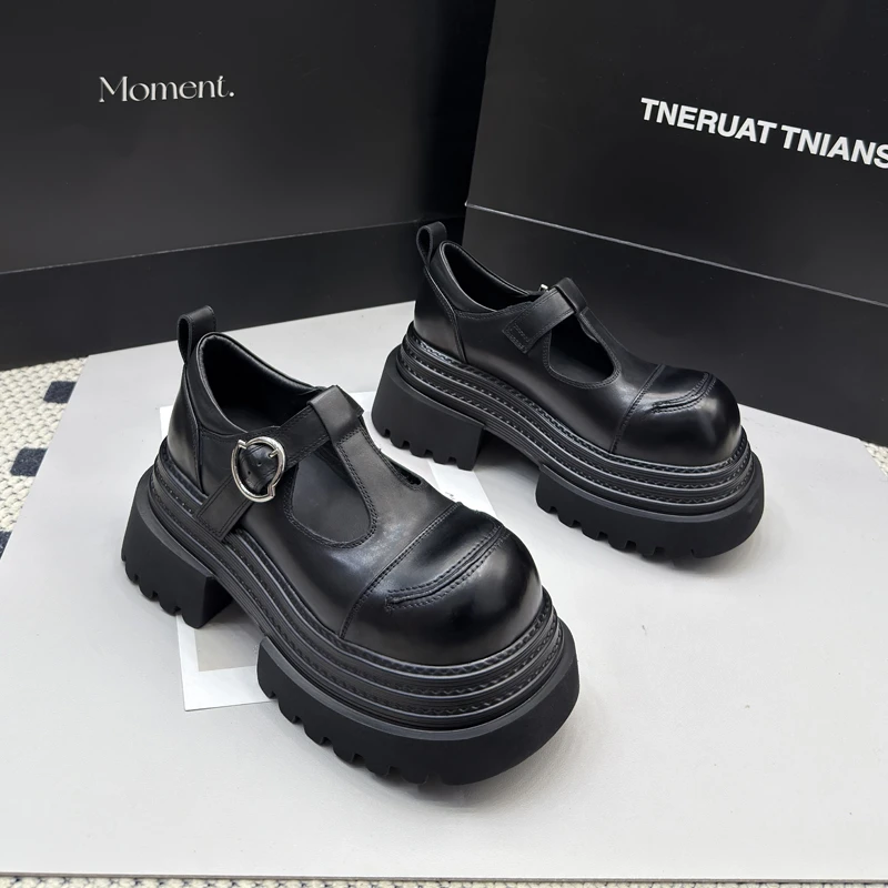 296-19小皮鞋女厚底2025年新款时尚百搭真皮松糕玛丽珍单鞋