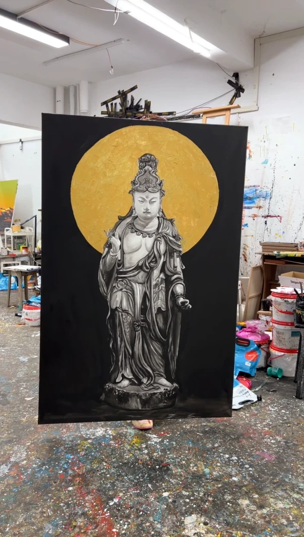 【闪购商品】丙烯画北北黑白描金又见音加框