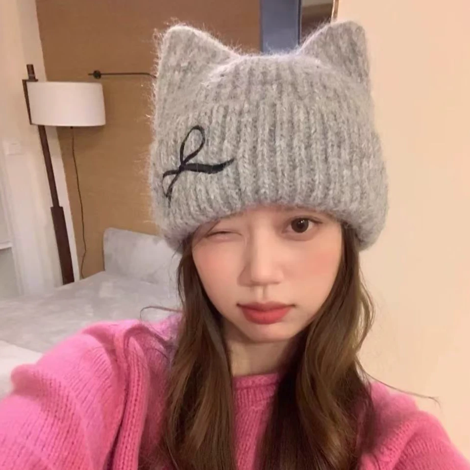 冬季时尚百搭针织毛线帽日系猫耳蝴蝶结韩版女秋冬新款针织帽子