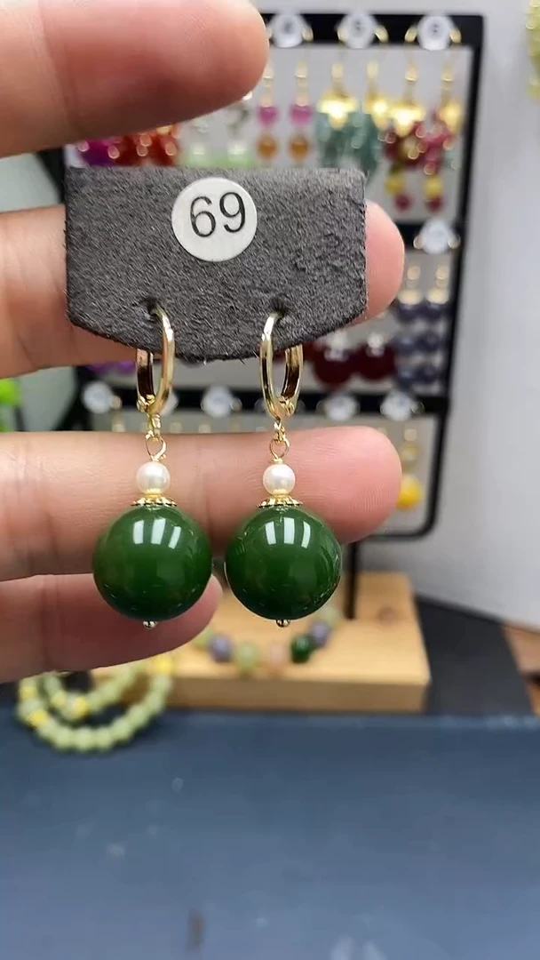 和田玉银S925镀金镶嵌耳饰尺寸14mm耳扣04