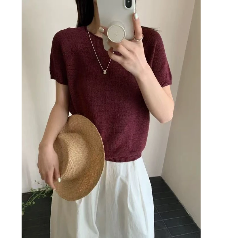 大麦【一线成衣】线下128！乌梅子酱莱赛尔和纸纱薄款套头针织衫上衣