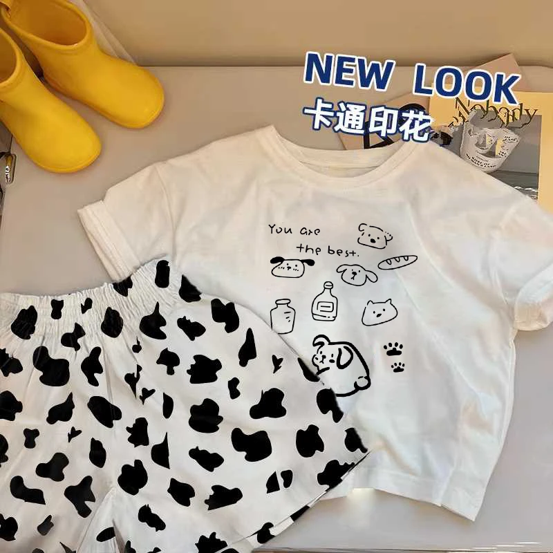 儿童纯棉短袖T恤套装夏季宝宝衣服超萌帅气上衣奶牛短裤两件套潮